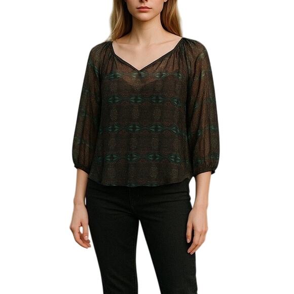 Zara Basic Boho Sheer Blouse Self-Tie Neck Multicolor Long Sleeve Small - Picture 1 of 15